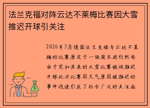 法兰克福对阵云达不莱梅比赛因大雪推迟开球引关注 法兰克福对阵云达不莱梅比赛因大雪推迟开球引关注
